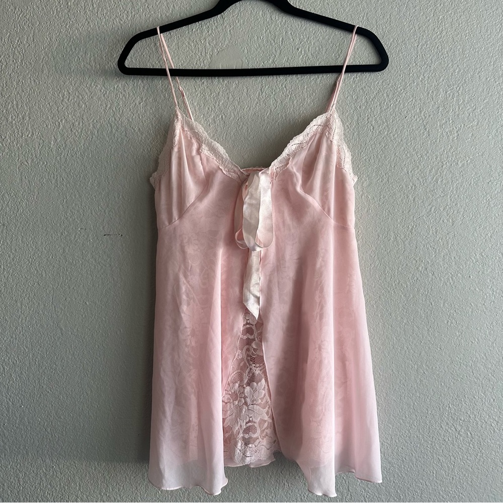 Vintage Victoria's Secret Pale Pink Satin Lace-Front Babydoll Chemise Y2K